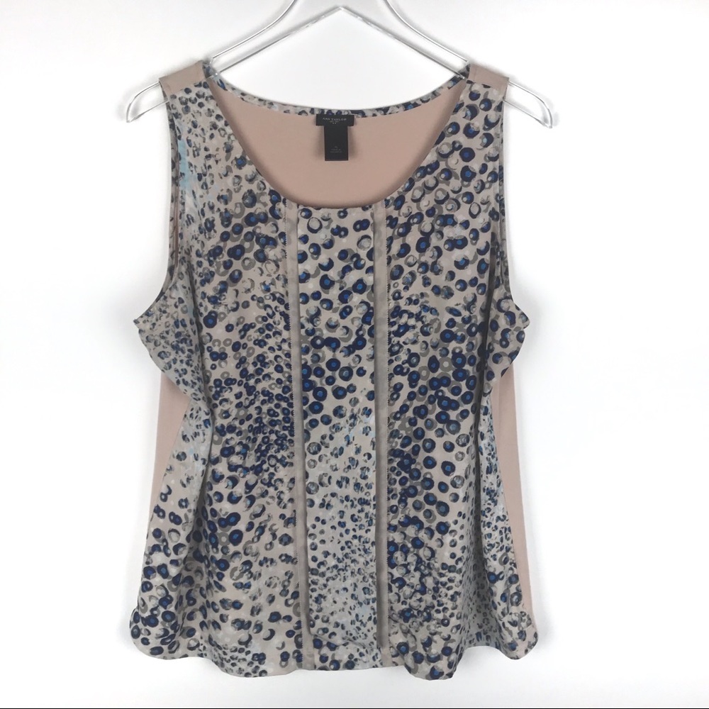 Ann Taylor Sleeveless Blue Pleated Dot Print Blouse Tank Top XL